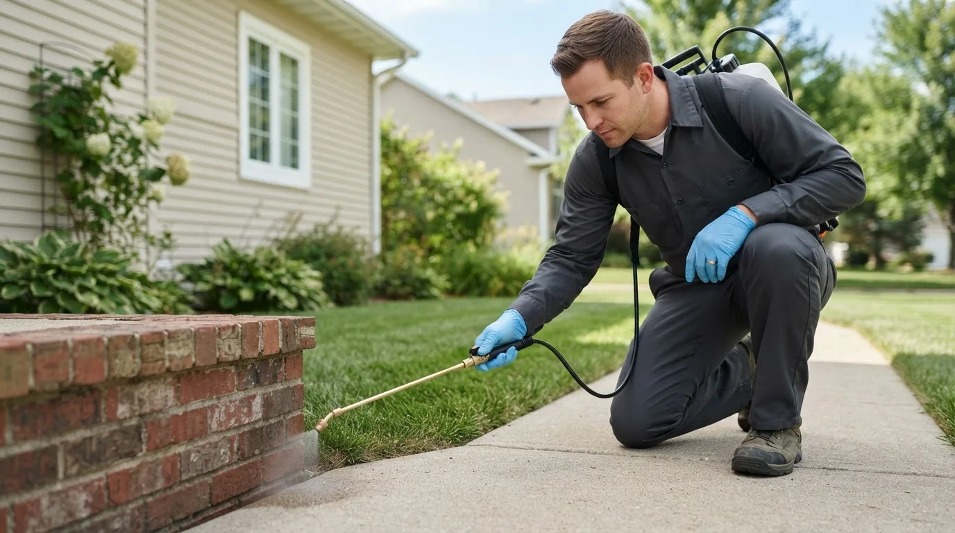 Pest control technician treating a home near Sudbury, MA